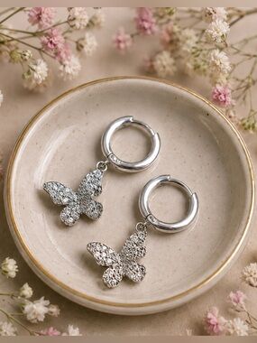 Earrings Moissanite 925 Sterling Silver Butterfly Drop Huggies Feminine Diamond